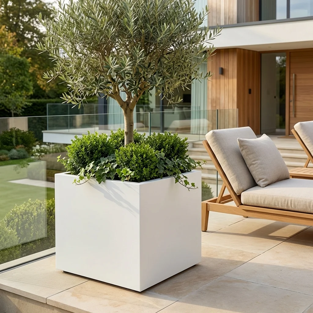 Biała metalowa donica kwadratowa do ogrodu z ozdobnym drzewkiem na nowoczesnym tarasie