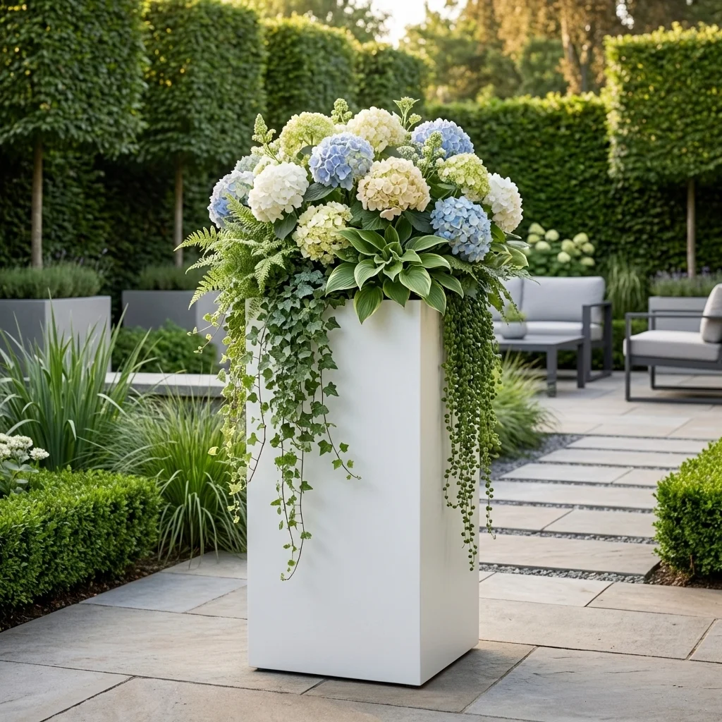 Biała metalowa donica slim do ogrodu z kompozycją kwiatową w eleganckiej aranżacji