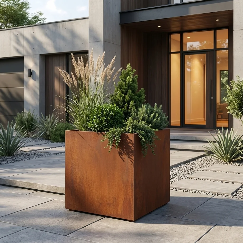 Cortenowa metalowa donica kwadratowa do ogrodu z roślinami przed nowoczesnym domem
