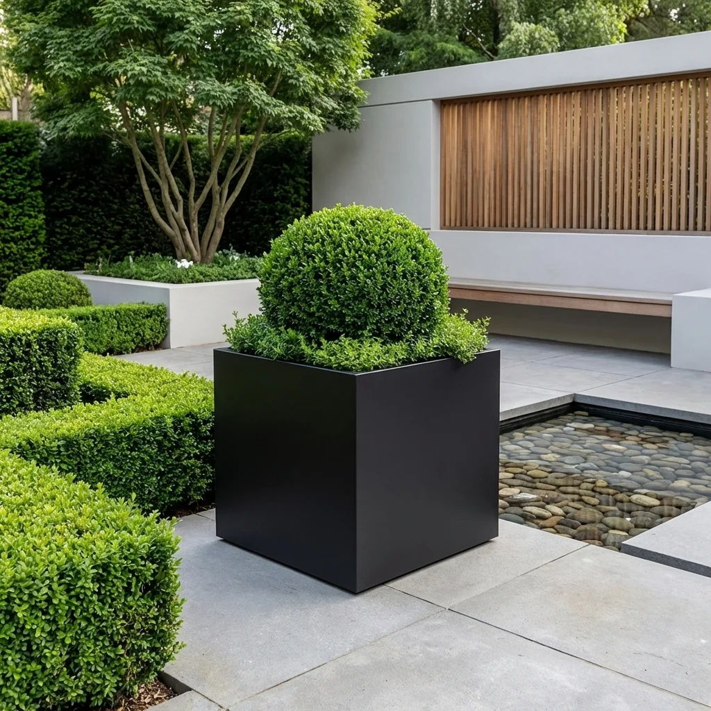 Czarna metalowa donica kwadratowa do ogrodu z bukszpanem w nowoczesnej aranżacji