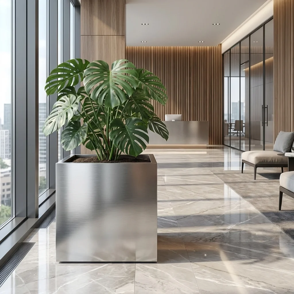 Metalowa donica kwadratowa ze stali szczotkowanej z dużą rośliną w nowoczesnym wnętrzu