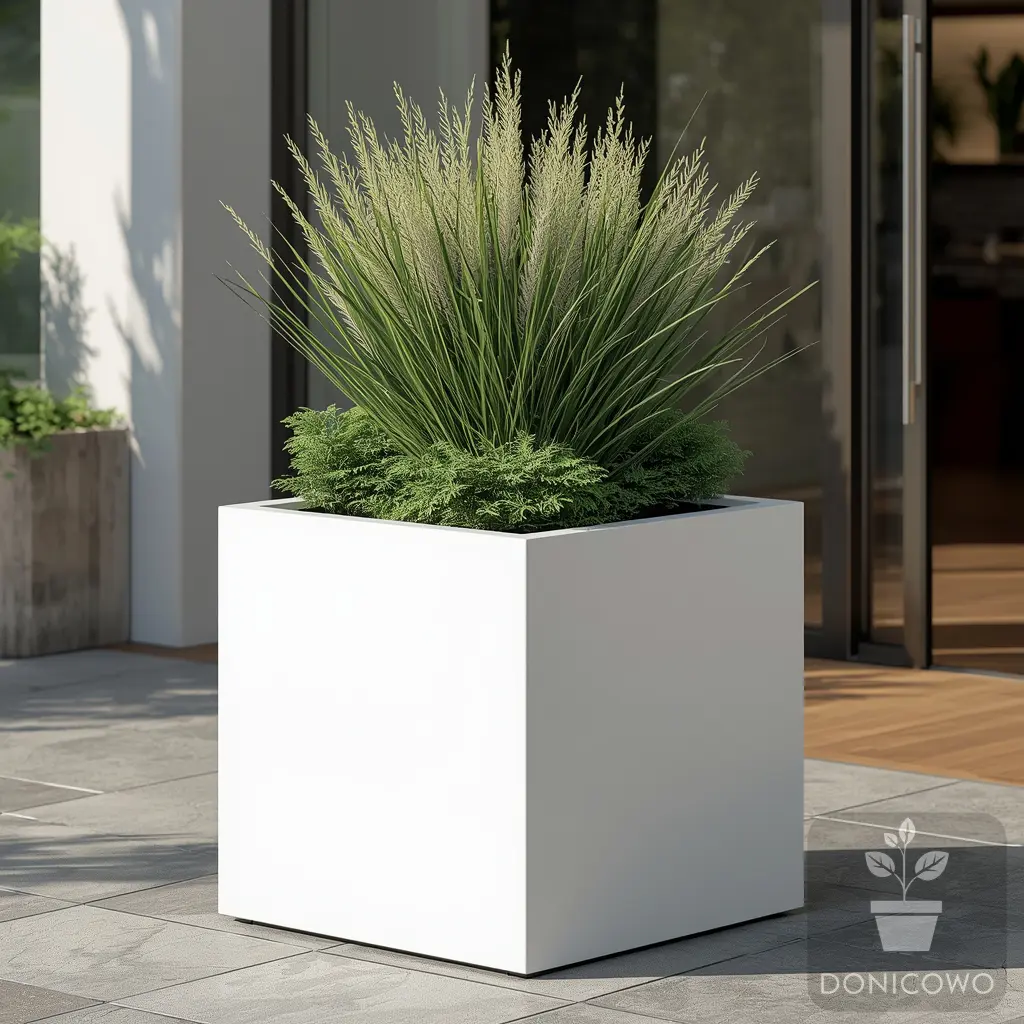 Biała donica kwadratowa ze stali malowanej proszkowo, nowoczesna dekoracja ogrodowa.