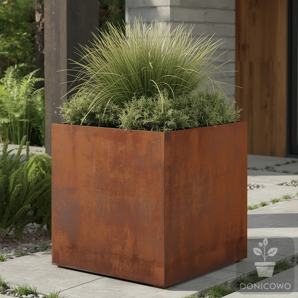 Donica kwadratowa corten z roślinami na tarasie