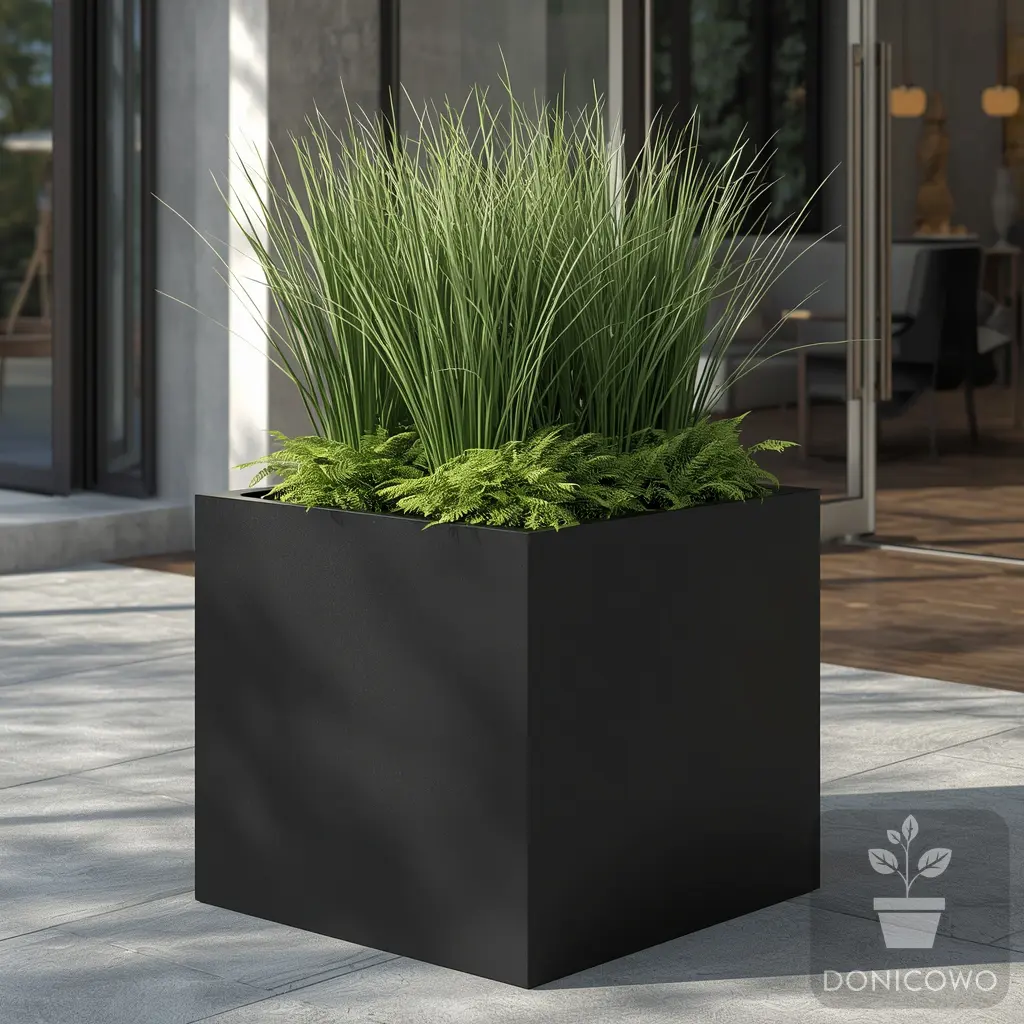 Czarna donica kwadratowa metalowa do ogrodu i tarasu