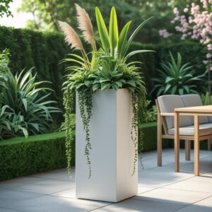 Biała donica Slim metalowa prostokątna do ogrodu i tarasu