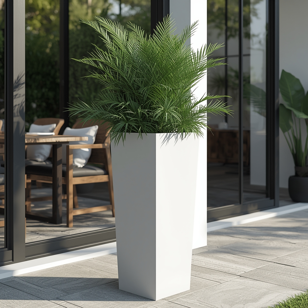 Biała donica trapezowa metalowa do ogrodu i tarasu