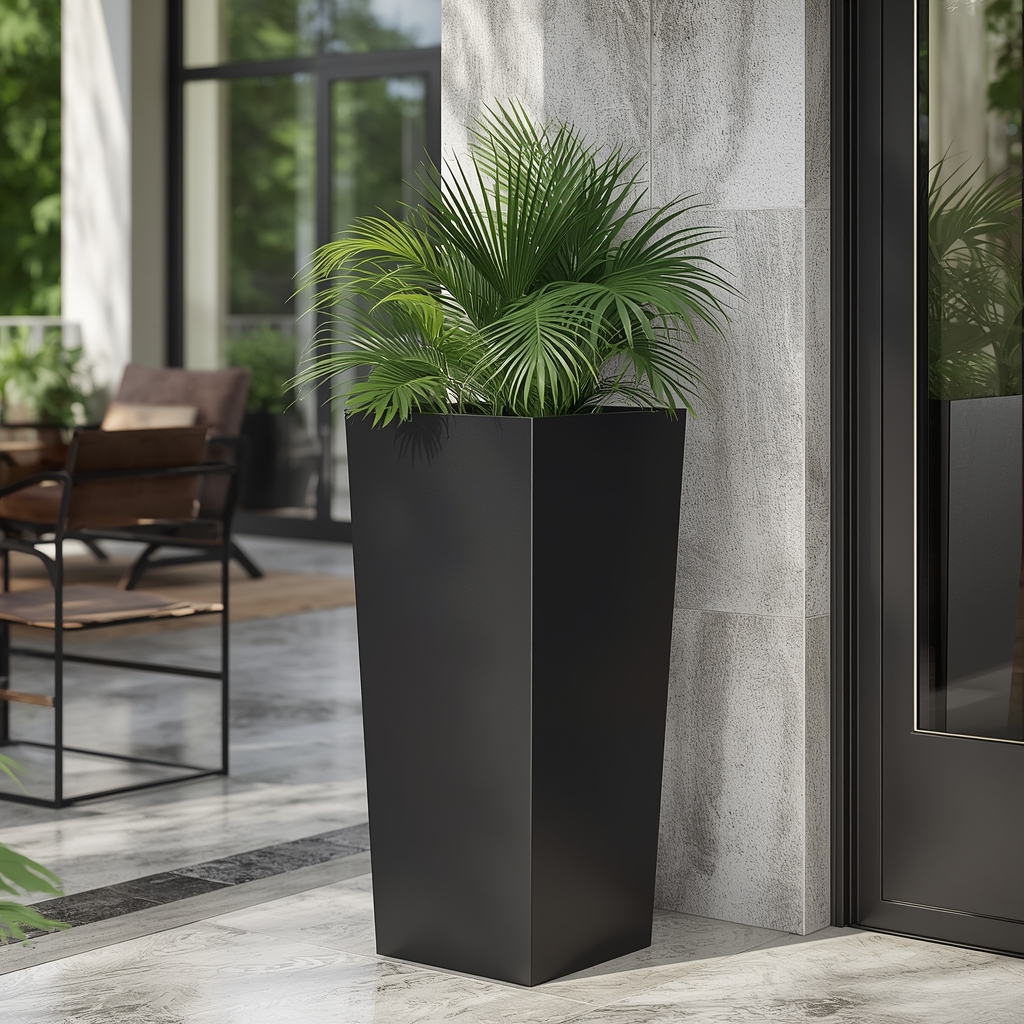 Nowoczesna czarna donica trapezowa ze stali malowanej proszkowo, idealna do ogrodu, na taras i do wnętrz