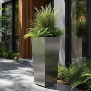 Nowoczesna donica trapezowa ze stali nierdzewnej szczotkowanej – elegancka i odporna na warunki atmosferyczne