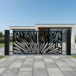 Nowoczesny panel ogrodzeniowy z motywem promieni słońca, czarny metalowy panel dekoracyjny