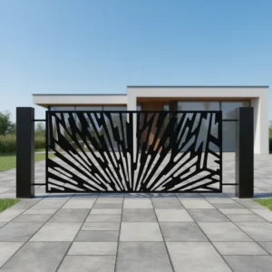 Nowoczesny panel ogrodzeniowy z motywem promieni słońca, czarny metalowy panel dekoracyjny