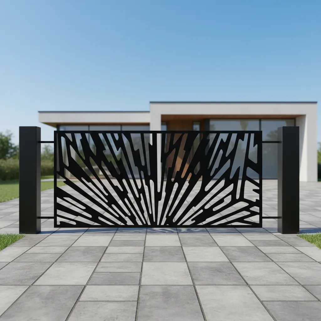 Nowoczesny panel ogrodzeniowy z motywem promieni słońca, czarny metalowy panel dekoracyjny