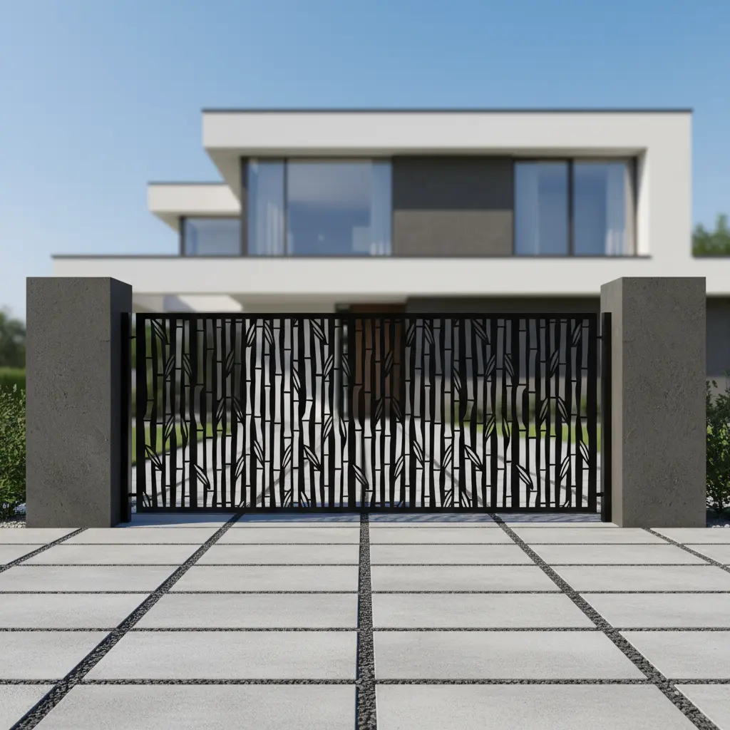 Nowoczesny panel ogrodzeniowy z motywem bambusa, czarny metalowy panel dekoracyjny