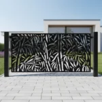 Panel ogrodzeniowy z motywem tropikalnych liści i bambusa, czarny, laserowo wycinany, nowoczesny design