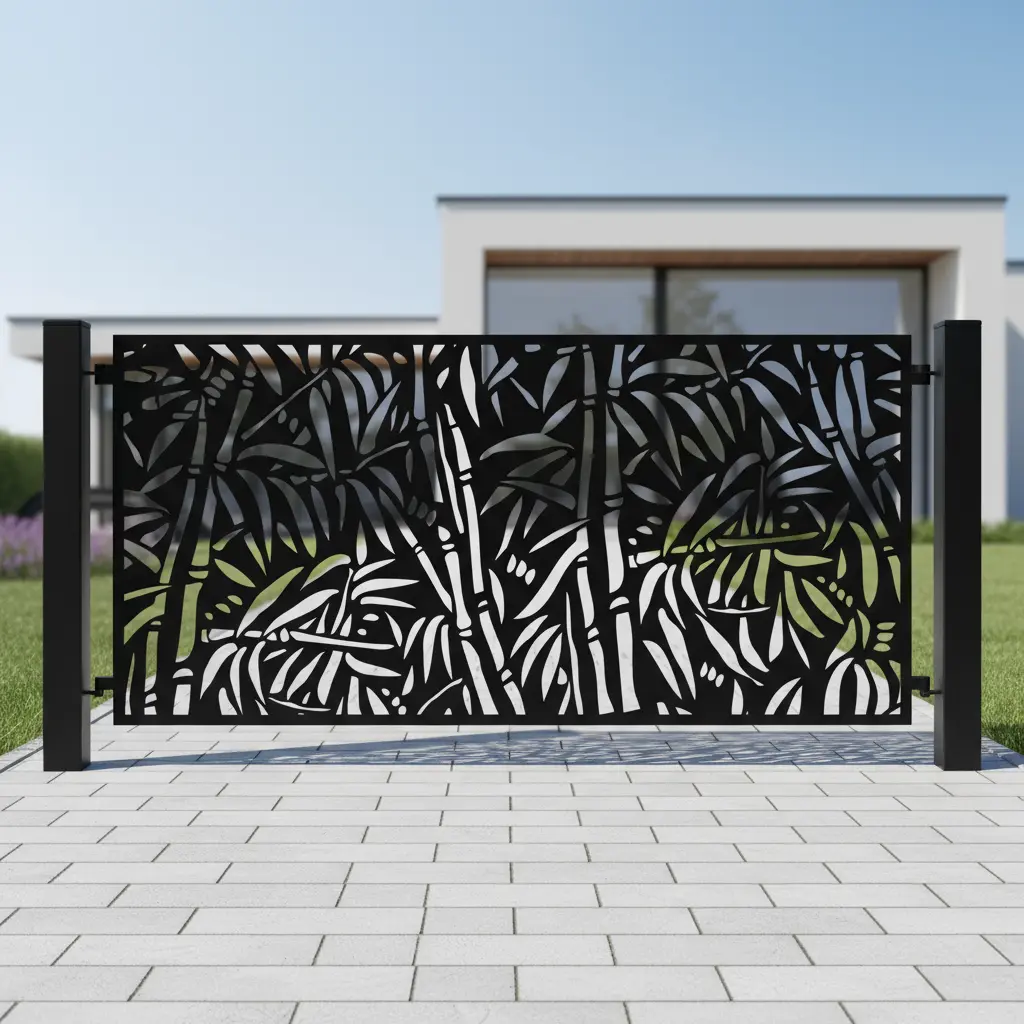 Panel ogrodzeniowy z motywem tropikalnych liści i bambusa, czarny, laserowo wycinany, nowoczesny design
