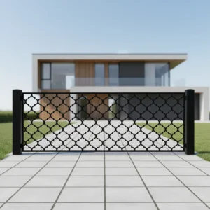 Panel ogrodzeniowy z geometrycznym wzorem marokańskiej kraty, czarny, metalowy, nowoczesny design