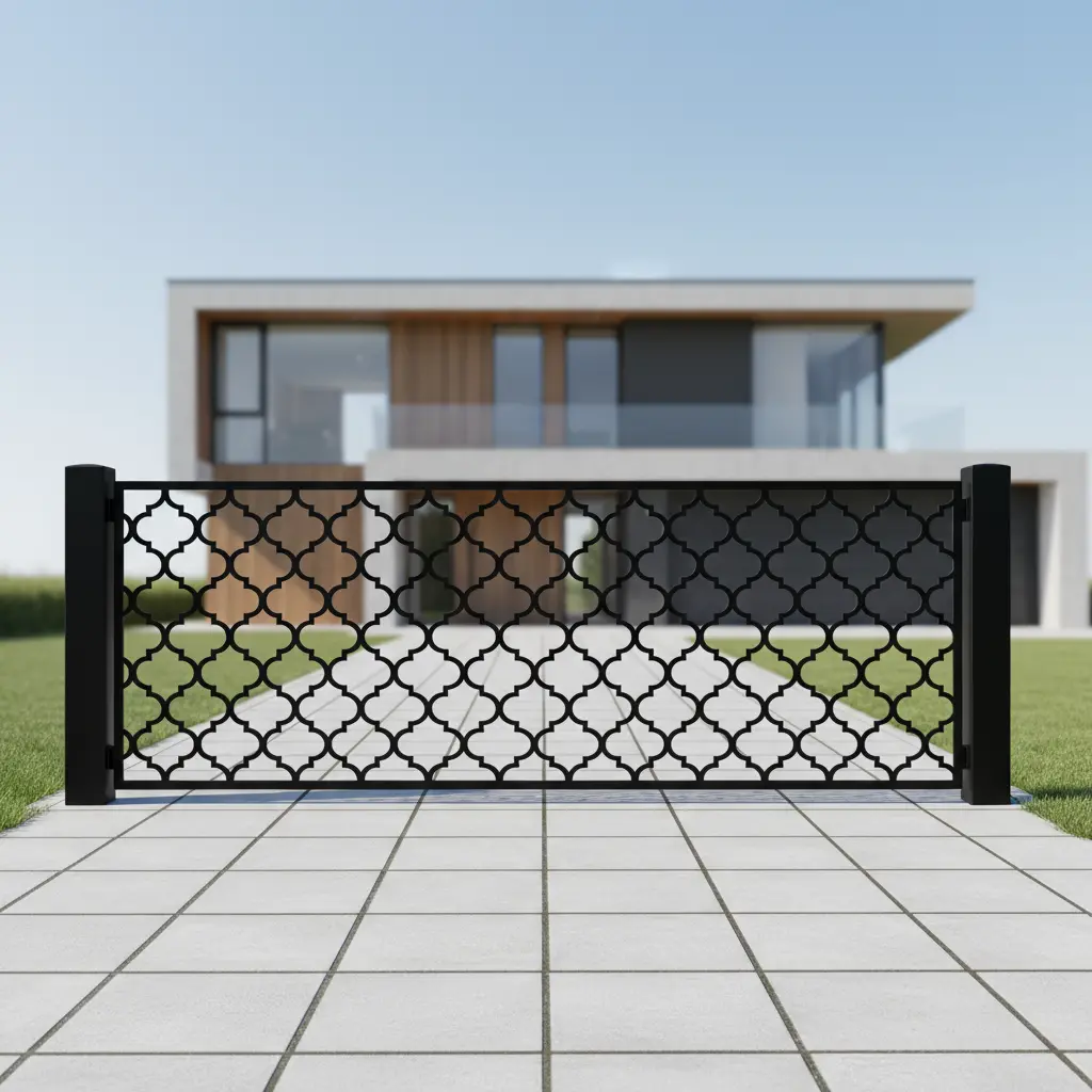 Panel ogrodzeniowy z geometrycznym wzorem marokańskiej kraty, czarny, metalowy, nowoczesny design