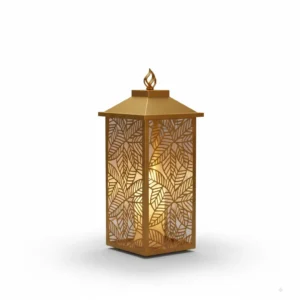 Lampion Złoty Liść w złotym kolorze, z laserowo wycinanym wzorem liści, stal malowana proszkowo, dekoracyjny uchwyt w kształcie płomienia, podświetlenie wewnętrzne