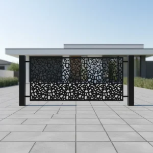 Panel ogrodzeniowy z abstrakcyjnym geometrycznym wzorem mozaiki, czarny, metalowy, nowoczesny design