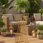 Stojak metalowy na kwiaty krzyżowy malowany proszkowo na złoto – elegancka dekoracja do wnętrz