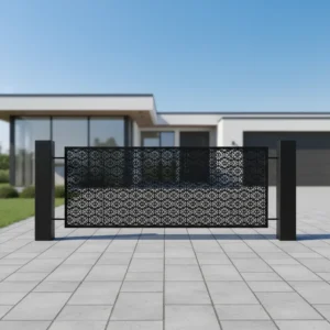 Panel ogrodzeniowy z czarnym orientalnym wzorem, metalowy, dekoracyjny i elegancki