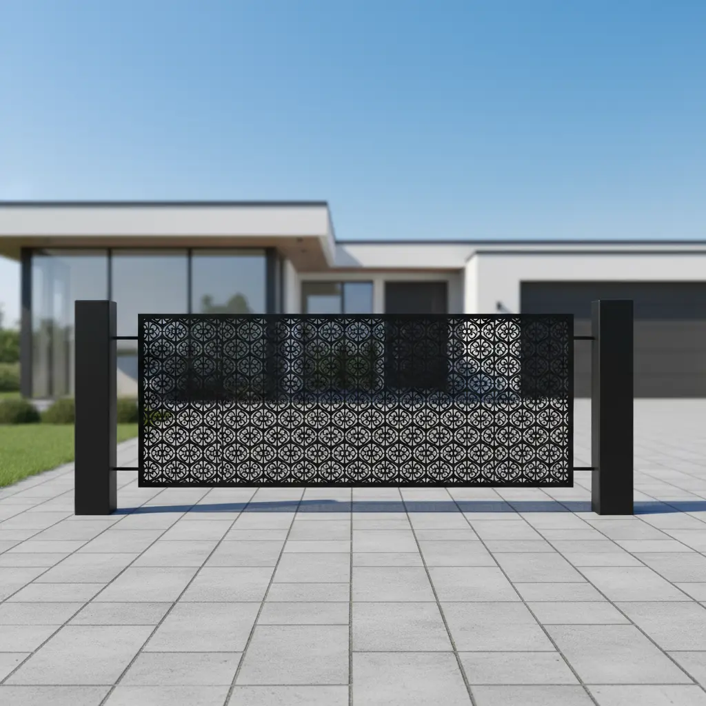 Panel ogrodzeniowy z czarnym orientalnym wzorem, metalowy, dekoracyjny i elegancki