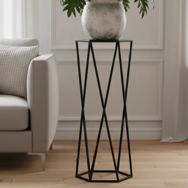 Stojak metalowy na kwiaty w kształcie sześciokąta, nowoczesny design, czarny kolor