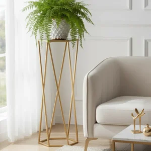 Stojak metalowy na kwiaty sześciokątny w kolorze złotym, elegancka podstawka pod donicę