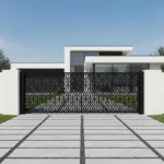 Nowoczesny panel ogrodzeniowy z dekoracyjnym wzorem liści, metalowy, w kolorze czarnym