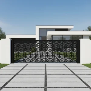 Nowoczesny panel ogrodzeniowy z dekoracyjnym wzorem liści, metalowy, w kolorze czarnym