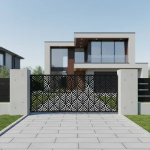 Nowoczesny panel ogrodzeniowy z motywem wachlarzy, czarny metalowy panel dekoracyjny