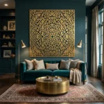 Panel dekoracyjny metalowy złoty ażurowy nowoczesny na ścianie nad sofą salon premium