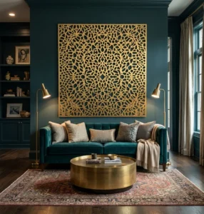 Panel dekoracyjny metalowy złoty ażurowy nowoczesny na ścianie nad sofą salon premium