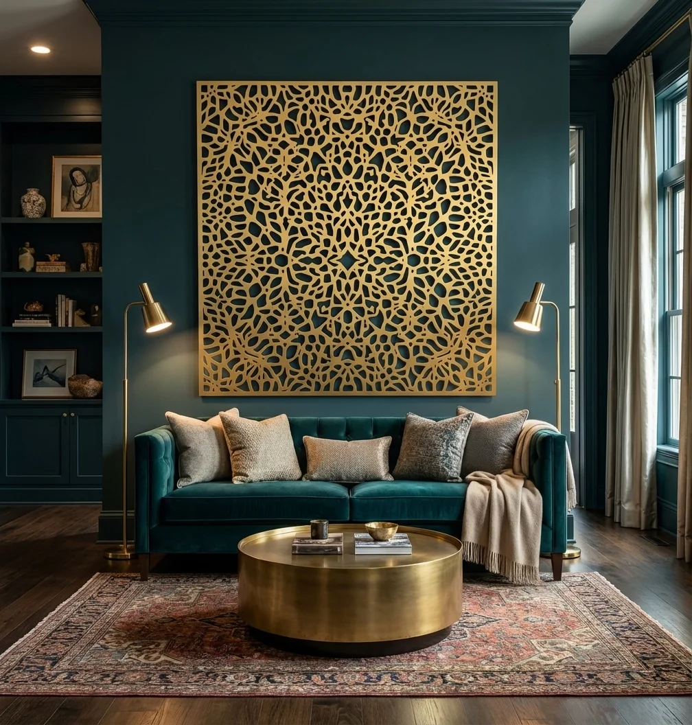 Panel dekoracyjny metalowy złoty ażurowy nowoczesny na ścianie nad sofą salon premium