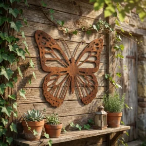 Metalowa dekoracja ścienna Butterfly Classic w stylu corten na drewnianej ścianie w ogrodowej aranżacji