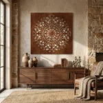 Metalowa dekoracja ścienna Cortenowa Rozeta w rdzawym wykończeniu zawieszona nad drewnianą komodą w eleganckim salonie