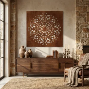 Metalowa dekoracja ścienna Cortenowa Rozeta w rdzawym wykończeniu zawieszona nad drewnianą komodą w eleganckim salonie