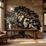 Metalowa dekoracja ścienna Drzewo Życia na kamiennej ścianie w rustykalnym wnętrzu