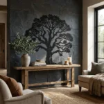 Metalowa dekoracja ścienna Drzewo Życia z Liśćmi na ciemnej kamiennej ścianie w eleganckim wnętrzu