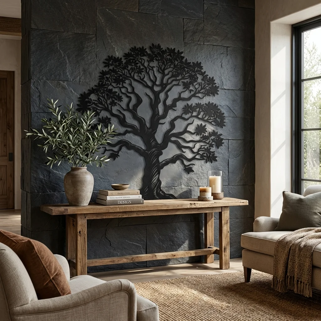 Metalowa dekoracja ścienna Drzewo Życia z Liśćmi na ciemnej kamiennej ścianie w eleganckim wnętrzu