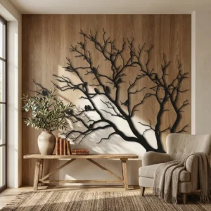 Metalowa dekoracja ścienna Gałąź z Ptakami na drewnianej ścianie w przytulnym wnętrzu