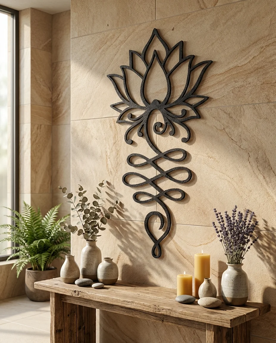 Metalowa dekoracja ścienna Kwiat Lotosu na jasnej kamiennej ścianie w spokojnym wnętrzu