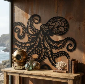 Metalowa dekoracja ścienna Ośmiornica na ścianie w stylu loftowym z morskim klimatem