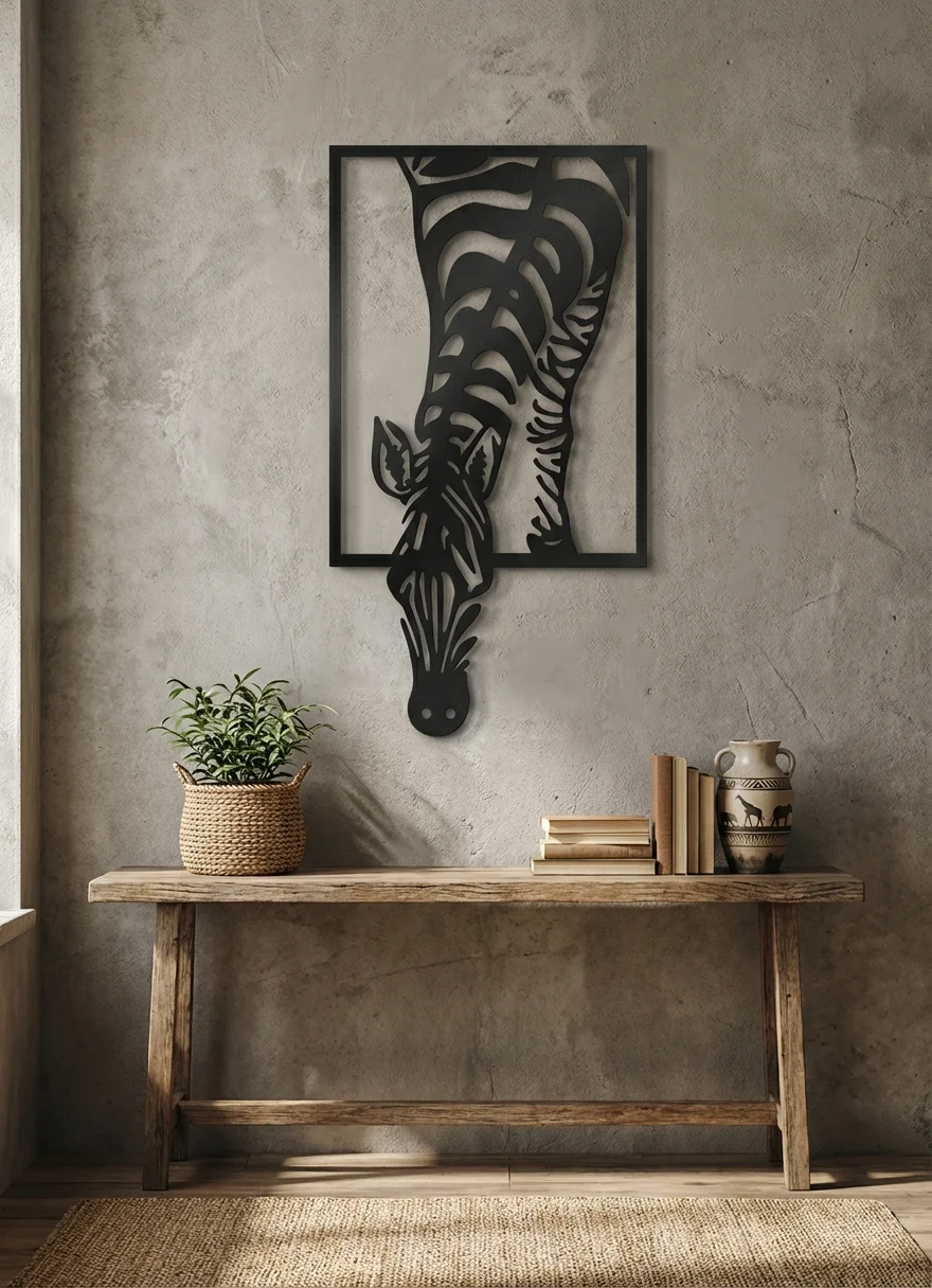 Metalowa dekoracja ścienna Zebra w Ramie na jasnej ścianie w naturalnym wnętrzu