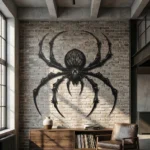 Metalowa dekoracja ścienna Black Spider zawieszona na ceglanej ścianie w industrialnym wnętrzu