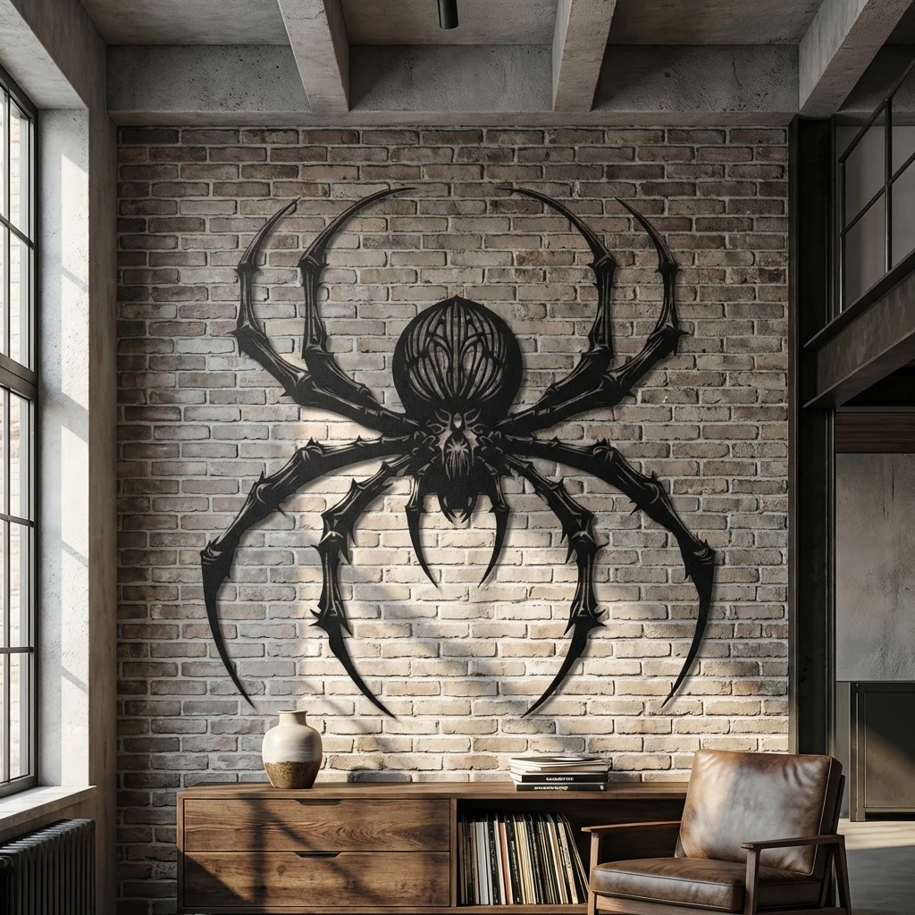 Metalowa dekoracja ścienna Black Spider zawieszona na ceglanej ścianie w industrialnym wnętrzu