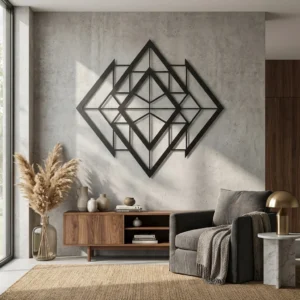 Metalowa dekoracja ścienna Diamond Geometry na jasnej ścianie w nowoczesnym wnętrzu