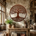 Metalowa dekoracja ścienna Drzewo Życia – Klasyczne v2 w stylu corten na jasnej kamiennej ścianie