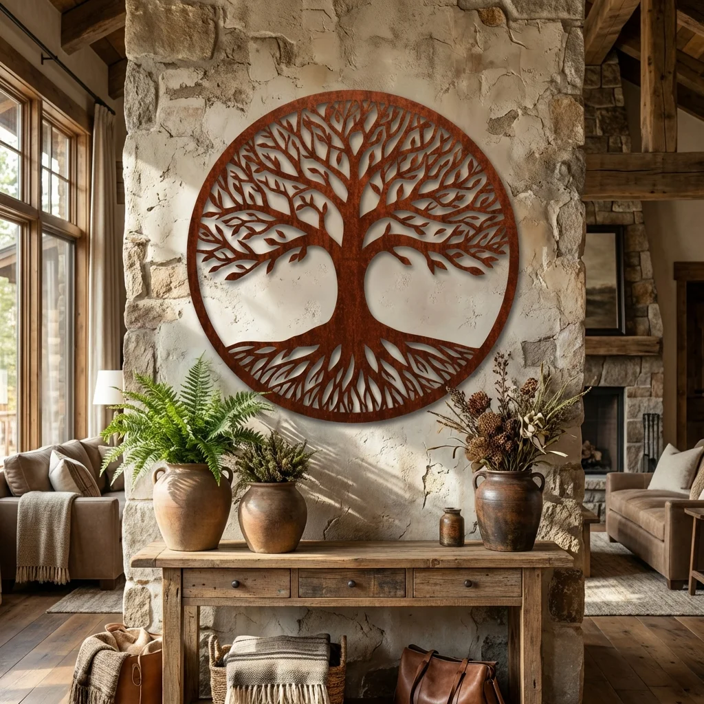 Metalowa dekoracja ścienna Drzewo Życia – Klasyczne v2 w stylu corten na jasnej kamiennej ścianie