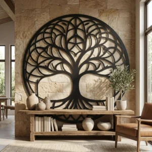 Metalowa dekoracja ścienna Drzewo Życia Geometryczne na jasnej kamiennej ścianie w eleganckim wnętrzu