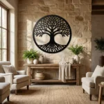 Metalowa dekoracja ścienna Drzewo Życia Nowoczesne na jasnej kamiennej ścianie w eleganckim wnętrzu